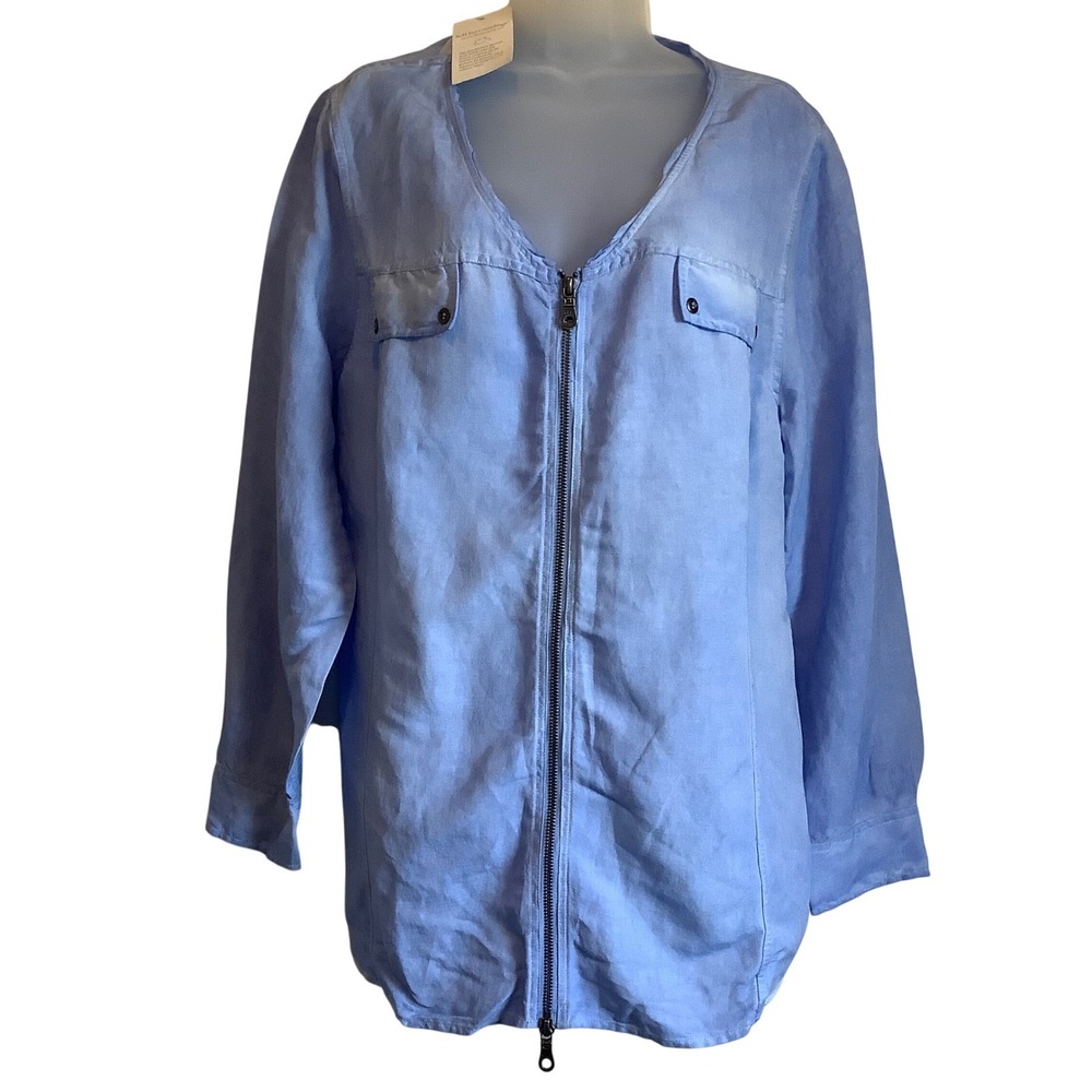 Soft Surroundings Linen Blend ZipFront Lagen Top Blue PXL 36546 Garment Dyed NWT